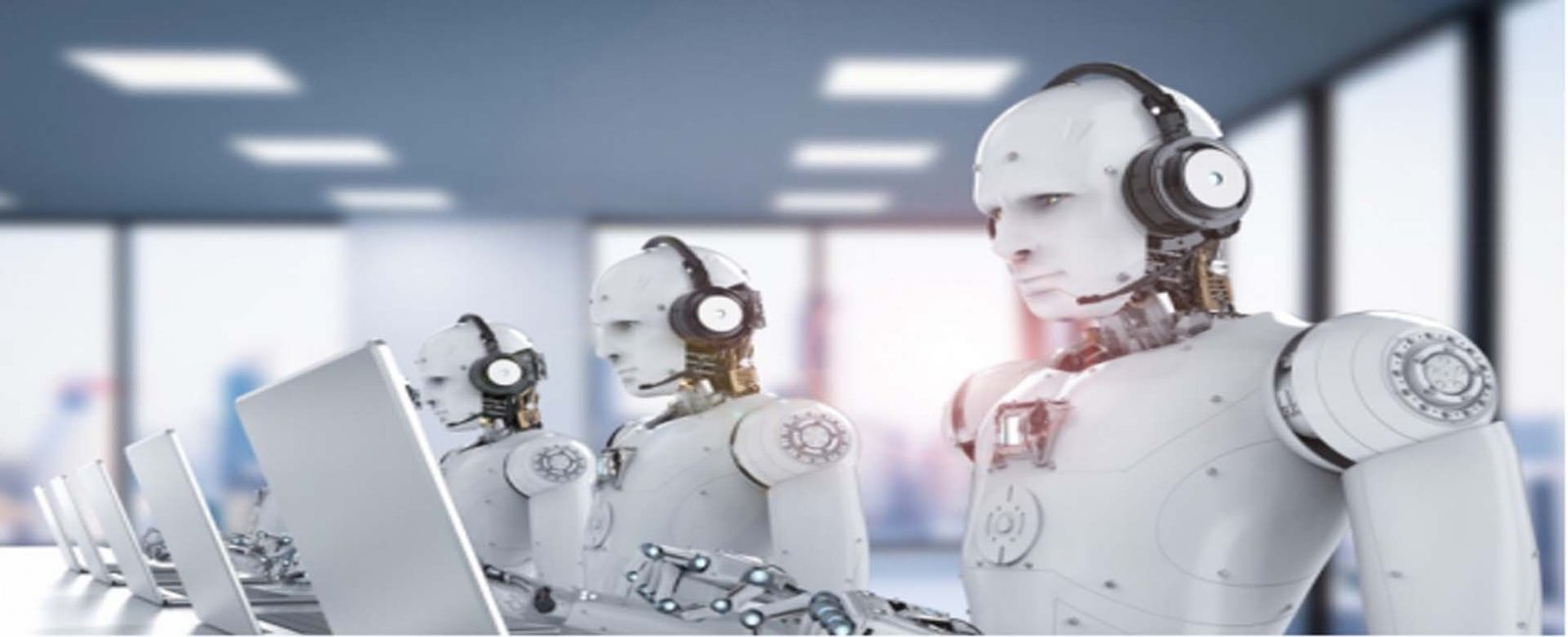 Robots working at laptops, the AI & DS department banner